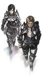  1girl aoin armor belt black_hair blonde_hair blue_eyes breastplate clenched_hands faulds from_above full_armor gauntlets greaves grey_eyes highres knight original pauldrons short_hair simple_background walking 