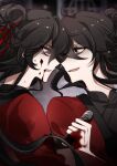  2boys absurdres ahoge black_hair black_hanfu blood blood_from_mouth blood_on_clothes blood_on_face blood_on_hands chinese_clothes chinese_commentary clenched_teeth coat dao_gui_yi_xian extra_pupils eye_contact floating_hair green_eyes hair_bun hair_ribbon half_updo hanfu highres holding holding_sword holding_weapon hong_zhong_(illusory) li_huowang long_hair looking_at_another male_focus multiple_boys open_mouth profile red_coat red_eyes red_ribbon ribbon shaded_face single_hair_bun smile sweat sword teeth upper_body vincent_(xialuotalotta) weapon yaoi zuo_wang_dao 