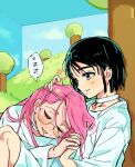  2girls alien_stage black_hair bob_cut choker closed_eyes closed_mouth commentary dress grass hand_on_another&#039;s_head highres holding_hands long_hair mizi_(alien_stage) multiple_girls open_mouth pink_hair purple_eyes saliva short_hair sleeping sleeping_on_person smile spoken_zzz sua_(alien_stage) sunnyirry symbol-only_commentary tree under_tree white_choker white_dress zzz 