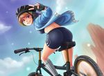  1girl ass bicycle bike_shorts blue_sky breasts day ground_vehicle helmet jacket medium_breasts midriff mountain_bicycle multicolored_hair my_little_pony my_little_pony_friendship_is_magic open_clothes open_jacket personification pink_eyes rainbow_dash rainbow_hair short_hair sky socks solo sports_bra v 