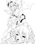  =_= bat_wings blue_dress closed_eyes crossed_arms dress drooling fang femdom greyscale hat hat_ribbon highres izayoi_sakuya lineart maid maid_headdress monochrome multiple_girls open_mouth puffy_sleeves remilia_scarlet ribbon short_sleeves simple_background smile touhou wa_(r_waizumi) wings 