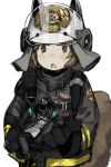  1girl 1other animal_ear_headwear arknights black_coat black_gloves black_pants blush_stickers brown_eyes brown_hair buffalo_iinkai coat covered_face cupping_hands doctor_(arknights) face_shield firefighter firefighter_jacket flying_sweatdrops gloves helmet highres hood hood_up hooded_coat in_palm jacket long_sleeves mask mini_person open_mouth own_hands_together pants shaw_(arknights) shirt short_hair simple_background size_difference small_sweatdrop squirrel_girl squirrel_tail tail upper_body visor_lift white_background white_shirt 