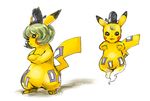  clothed_pokemon crossed_arms crossover floating full_body gen_1_pokemon ghost_tail green_hair hat kitayuki_kajika looking_at_viewer no_humans ofuda pikachu pointy_ears pokemon pokemon_(creature) short_hair soga_no_tojiko standing tate_eboshi touhou white_background 