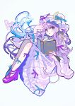  1girl blue_shoes book character_name full_body hat highres holding holding_book long_hair mismatched_shoes open_mouth patchouli_knowledge purple_eyes purple_hair purple_shoes shoes solo tamagogayu1998 touhou white_hat 
