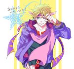  blonde_hair bloody_stream caesar_anthonio_zeppeli facial_mark feathers fingerless_gloves gloves green_eyes hair_feathers headband hysn jacket jewelry jojo_no_kimyou_na_bouken male_focus one_eye_closed purple_jacket ring scarf solo 