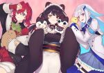  &gt;_&lt; 3girls :d ange_katrina ange_katrina_(1st_costume) animal_ears arm_up armband banken_(inui_toko) black_coat black_sash blue_armband blue_eyes blue_hair blue_skirt blue_thighhighs brown_hair brown_kimono buttons cardigan character_doll closed_mouth coat colored_inner_hair commentary_request crossed_bangs dog_ears double-breasted dress drop_shadow eyelashes flower frilled_skirt frills furisode_sleeves hair_between_eyes hair_flower hair_intakes hair_ornament hand_on_own_forehead heterochromia high-waist_shorts highres holding holding_stuffed_toy hota_hawk inui_toko inui_toko_(1st_costume) japanese_clothes kimono layered_skirt legwear_garter light_blush lize_helesta lize_helesta_(1st_costume) long_bangs long_hair long_sleeves looking_at_viewer lying maid_headdress mandragora_(ange_katrina) miniskirt multicolored_hair multiple_girls nijisanji obi obiage obijime off_shoulder on_back on_side open_mouth parted_lips pink_background pleated_skirt purple_eyes red_cardigan red_eyes red_hair rope sanbaka_(nijisanji) sash sebastian_piyodore shimenawa shirt short_dress short_hair shorts shrug_(clothing) sidelocks skirt sleeves_past_wrists smile streaked_hair stuffed_toy thighhighs triangle_hair_ornament two-tone_hair very_long_hair virtual_youtuber white_dress white_hair white_headdress white_shirt white_shrug white_skirt yellow_eyes zettai_ryouiki 