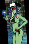 acht_(splatoon) animal_humanoid baseball_cap big_breasts big_butt bikini black_bikini black_cap black_clothing black_swimwear blue_hair bodily_fluids breasts butt cephalopod cephalopod_humanoid choker clothing dessert ear_piercing eyewear female food green_body green_skin hair hair_over_eye hand_on_hip hat headgear headwear hi_res holding_food holding_ice_cream holding_object humanoid humanoid_pointy_ears ice_cream jewelry long_hair marine marine_humanoid mollusk mollusk_humanoid multicolored_hair necklace nintendo octarian octoling octopus_humanoid piercing pointy_ears pseudo_hair red_hair sanitized_octarian sanitized_octoling side-tie_bikini side_view solo splatoon string_bikini sunglasses sweat sweatdrop swimwear tentacle_hair tentacles thick_thighs two-piece_swimsuit two_tone_hair vaporeight wide_hips