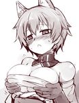  :&lt; animal_ears bad_id bad_twitter_id blush breast_hold breasts jpeg_artifacts katou_keiko large_breasts lowres monochrome null_(nyanpyoun) short_hair solo_focus world_witches_series 