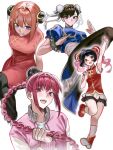  4girls absurdres black_hair blue_eyes blush bracelet braid braided_ponytail breasts brown_hair brown_pants china_dress chinese_clothes chun-li closed_mouth commentary country_connection crossed_legs crossover dress fighting_stance full_body gintama gomang1201 grin hand_in_own_hair highres jacket jewelry kagura_(gintama) leg_up long_hair long_sleeves looking_at_viewer lu_xiaotang ming_ming_(tales_runner) multiple_crossover multiple_girls open_mouth orange_hair pants pink_jacket puffy_short_sleeves puffy_sleeves red_dress red_eyes red_hair sakamoto_days shirt short_hair short_sleeves sidelocks simple_background small_breasts smile spiked_bracelet spikes street_fighter tales_runner teeth tongue trait_connection twin_braids upper_teeth_only white_background white_shirt 