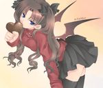  bat_wings black_hair black_legwear blue_eyes chocolate fate/stay_night fate_(series) heart long_hair miniskirt mitsuki_michitaka skirt solo thighhighs toosaka_rin turtleneck two_side_up wings zettai_ryouiki 