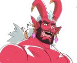  1boy bara beard colored_skin curled_horns demon_(saltypoundcake) demon_boy facial_hair full_beard hand_fan horns large_horns large_pectorals looking_at_viewer male_focus mature_male mismatched_eyebrows monster_boy muscular muscular_male nude original pectorals red_skin saltypoundcake seductive_smile skin-covered_horns smile solo sweat thick_eyebrows upper_body white_hair 