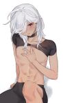  1boy black_choker black_shorts blush choker closed_mouth cyno_(genshin_impact) dark-skinned_male dark_skin genshin_impact gomi_deshu hair_between_eyes hair_over_one_eye highres long_hair looking_at_viewer male_focus no_nipples one_eye_closed red_eyes short_sleeves shorts simple_background sitting solo sweat white_background white_hair 