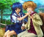  1girl blue_hair clannad food hikarizaka_private_high_school_uniform ice_cream long_hair mutsuki_(moonknives) one_eye_closed sagara_misae school_uniform shima_katsuki sitting 