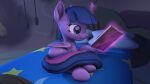 16:9 3d_(artwork) 4k absurd_res bed bedroom book digital_media_(artwork) equid equine female feral friendship_is_magic furniture hasbro hi_res horn horse magic mammal my_little_pony pony purple_body reading reading_book relaxing solo source_filmmaker stuffguy123 twilight_sparkle_(mlp) widescreen winged_unicorn wings