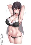  1girl alternate_costume armpits arms_up bare_shoulders black_bra black_hair black_panties blush bra commentary_request cowboy_shot highres kantai_collection long_hair looking_at_viewer nagato_(kancolle) navel one-hour_drawing_challenge panties red_eyes simple_background smile solo tf_cafe underwear underwear_only white_background 