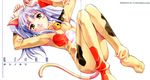  animal_costume arms_up bell blush bodysuit catsuit flat_chest highres hoshino_ruri kidou_senkan_nadesico lavender_hair long_hair lying maruto! solo twintails yellow_eyes 