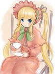  blonde_hair bonnet bow cup dress drill_hair ginjyasei long_hair rozen_maiden shinku solo twintails very_long_hair 