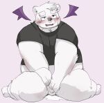 2024 anthro balls bear black_nose blush bodily_fluids clothing cum genital_fluids genitals hi_res kemono male mammal moujya overweight overweight_male penis shirt simple_background sitting solo topwear white_body