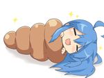  ahoge bad_id bad_pixiv_id blue_hair chocolate_cornet closed_eyes food izumi_konata lowres lucky_star maruki_(punchiki) mole mole_under_eye open_mouth solo 