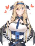  1girl arknights arm_strap blonde_hair blue_eyes blue_hairband blue_necktie breasts commentary_request ekuesu hairband hands_on_own_hips heart highres horns large_breasts long_hair looking_at_viewer necktie pointy_ears saileach_(arknights) shirt smile solo upper_body very_long_hair white_shirt 