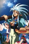  90s blue_hair cloud facial_mark forehead_mark freckles hat highres kajishima_masaki masaki_sasami_jurai multiple_girls red_eyes ryou-ouki ryouko_(tenchi_muyou!) scan scan_artifacts silver_hair sky spiked_hair straw_hat tenchi_muyou! yellow_eyes 