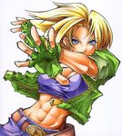  abs belt blue_eyes blue_mary breasts calnarsa cleavage fatal_fury fingerless_gloves gloves large_breasts muscle shikishi sleeves_rolled_up solo the_king_of_fighters traditional_media 