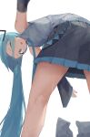  1girl :o aqua_eyes aqua_hair aqua_necktie armpits bent_over black_sleeves boots flying_sweatdrops from_behind from_below grey_shirt hair_over_one_eye hatsune_miku highres kneepits long_hair looking_at_viewer necktie pleated_skirt pocche-ex shirt skirt solo sweat thighs twintails unworn_boots upside-down very_long_hair vocaloid wet white_background 