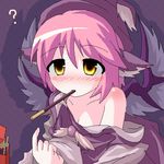  ? animal_ears bare_shoulders blush des food hat mouth_hold mystia_lorelei oekaki pink_hair pocky pointing solo touhou wings yellow_eyes 