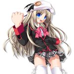  beret blonde_hair blue_eyes blush bow buttons cape fangs hat large_buttons little_busters! long_hair noumi_kudryavka open_mouth pink_bow plaid plaid_skirt ribbon rindou_(awoshakushi) school_uniform silver_hair skirt solo thighhighs 