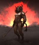 2024 5_fingers abs anthro barefoot bottomwear bovid bovine brown_body brown_fur brown_hair bulge clothed clothing european_mythology feet fingers fur greek_mythology hair hand_wraps hi_res hooves horn humanoid_hands loincloth male mammal marsonaut melee_weapon minotaur muscular muscular_anthro muscular_male mythology navel nipples pecs polearm regorest&#039;s_jungle_world solo spear standing topless topless_anthro topless_male weapon wraps