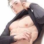  1boy bare_pectorals black_shirt blonde_hair blush brown_eyes closed_mouth clothes_lift large_pectorals looking_at_viewer m_gyakutai male_focus megido72 muscular muscular_male nipples pectorals ronove_(megido72) shirt shirt_lift short_hair simple_background solo 