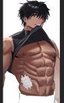  003_ssq 1boy abs bandaid bara bare_pectorals black_hair check_copyright copyright_request cowboy_shot dark-skinned_male dark_skin highres large_pectorals looking_at_viewer male_focus muscular muscular_male navel nipples pectorals shirt sleeveless sleeveless_shirt solo stomach thick_eyebrows tsurime unfinished 