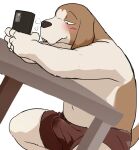 2024 4_fingers anthro basset_hound blush bodily_fluids breath brown_body brown_fur bulge canid canine canis clothed clothing domestic_dog electronics erection erection_under_clothing fingers floppy_ears fur furniture genital_fluids holding_object holding_phone hunting_dog looking_at_object looking_at_phone looking_at_viewer looking_pleasured lop_ears male mammal manmosu_marimo navel overweight overweight_anthro overweight_male phone precum precum_through_clothing scent_hound shorts_only simple_background sitting sketch smile solo table tail tenting wet wet_clothing white_background white_body white_fur