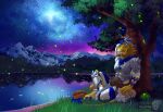 anthro arthropod avian beetle bird dexterlion elateroid felid firefly group hi_res insect lagomorph leporid lion male male/male mammal night pantherine peaceful peaceful_expression peaceful_memories peaceful_scenery rabbit rodent sciurid tree_squirrel