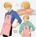  &gt;_&lt; 1boy :3 adjusting_clothes apron beard_stubble blonde_hair blue_shirt cigarette clenched_hands closed_eyes collared_shirt commentary cropped_legs curly_eyebrows facial_hair grin hair_over_one_eye highres iqracha long_bangs male_focus one_piece panda pants pink_apron sanji_(one_piece) shirt short_hair simple_background sleeping smile smoking smug striped_clothes stubble thought_bubble white_background white_shirt x3 zzz 