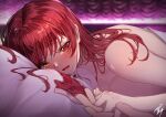  1girl absurdres alternate_hairstyle bed blurry blurry_background blush breasts commentary fang hair_down heterochromia highres holding_hands hololive houshou_marine interlocked_fingers large_breasts long_hair looking_at_viewer lying nisikami_e on_stomach open_mouth pillow pov red_eyes red_hair red_ribbon ribbon signature smile solo_focus topless under_covers unworn_ribbon upper_body virtual_youtuber yellow_eyes 