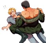  2boys ao_isami bara black_hair blonde_hair blush boots collared_shirt green_jacket green_pants grey_pants grey_shirt jacket lewis_smith looking_at_another male_focus multiple_boys muscular muscular_male open_clothes open_jacket pants shimoon11mon shirt short_hair simple_background sitting sitting_on_person watch white_background wristwatch yaoi yuuki_bakuhatsu_bang_bravern 