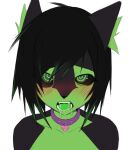 2019 anthro black_body black_fur black_hair black_nose black_sclera blush bodily_fluids bust_portrait canid canine canis collar digital_media_(artwork) drooling emo fox fur green_body green_eyes green_fur green_highlights green_inner_ear_fluff green_tongue grey_body grey_fur hair highlights_(coloring) hybrid inner_ear_fluff looking_up male mammal multicolored_body multicolored_fur portrait purple_collar rofortyseven saliva simple_background solo teeth tongue tuft two_tone_body two_tone_fur white_background wolf