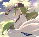  1boy baseball_cap blue_eyes blue_sky closed_mouth cloud commentary_request gopan_(pkghnman) green_hair hat highres jewelry long_hair male_focus n_(pokemon) necklace pokemon pokemon_(creature) pokemon_bw reshiram shirt sky smile sunlight white_fur white_shirt 