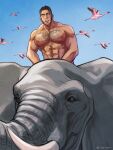  1boy abs arms_at_sides bara beard_stubble bird blue_sky blush buzz_cut elephant facial_hair golden_kamuy hairy happy large_pectorals looking_at_viewer male_focus mature_male muscular muscular_male navel navel_hair nipples nopinzo nude pectorals riding riding_animal short_hair sky solo sparse_chest_hair sparse_navel_hair stomach strongman_waist stubble tanigaki_genjirou thick_eyebrows upper_body very_short_hair 