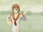  bad_id bad_pixiv_id brown_eyes brown_hair haibane_renmei halo highres kuma_panda messy_hair neckerchief orange_sailor_collar rakka red_neckwear sailor_collar short_hair solo static_cling wings 