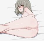  1girl ass bed_sheet blush cleft_of_venus commentary embarrassed eyelashes flat_chest grey_hair hair_between_eyes highres long_bangs looking_at_viewer lying medium_hair mustee nipples nude on_bed on_side open_mouth original pussy raised_eyebrows sidelocks solo uncensored yellow_eyes 