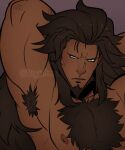  1boy alternate_skin_color arm_behind_head arm_up armpit_focus armpit_hair armpits bara blonde_hair body_fur brown_hair dark_skin frown green_eyes guilty_gear large_pectorals leo_whitefang long_hair looking_at_viewer male_focus mature_male muscular muscular_male nipples nude pectorals presenting_armpit solo thick_chest_hair upper_body very_dark_skin yaki_(taiyakipress) 