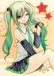  bad_id bad_pixiv_id detached_sleeves green_eyes green_hair hatsune_miku kokkoro long_hair necktie one_eye_closed smile solo star traditional_media twintails vocaloid 