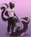 ambiguous_gender anthro bodily_fluids clothed clothing dominant duo genital_fluids hand_on_head hi_res kneeling mammal mephitid skunk skylardoodles smile smirk submissive urine urine_in_mouth watersports wetting