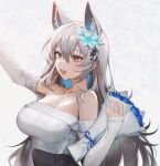  1girl :d animal_ears bare_shoulders blue_flower breasts cleavage commentary euphemia_chevalier flower grey_hair grey_sweater hair_flower hair_ornament highres indie_virtual_youtuber jewelry large_breasts long_hair long_sleeves necklace off-shoulder_sweater off_shoulder open_mouth smile solo sweater upper_body yellow_eyes yoru_(yowuyoru) 