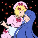  2girls black_background blonde_hair blue_bow blue_bowtie blue_hair blush bow bowtie cryptidhermit dancing dress elbow_gloves frederica_bernkastel frilled_dress frills gloves hair_ornament heart holding_hands jewelry lambdadelta long_hair multiple_girls necklace pearl_necklace pink_dress pink_headwear red_bow red_bowtie short_hair smile umineko_no_naku_koro_ni yuri 