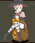  boots brown_eyes brown_hair glasses halloween hat highres jack-o'-lantern original oza_watto pumpkin short_hair smile solo striped striped_legwear thighhighs witch_hat 