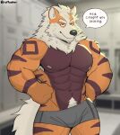 abs anthro arcanine biceps boxer_briefs clothing fluffy fluffy_tail fur generation_1_pokemon hands_on_hips hi_res locker_room looking_at_viewer male muscular muscular_anthro muscular_male nintendo orange_body orange_fur pecs pokemon pokemon_(species) ruffusbleu solo speech_bubble tail talking_to_viewer underwear white_body white_fur