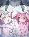  3girls :&lt; absurdres aojiao_bingmo_tu ass_visible_through_thighs black_nails blush body_markings breasts breasts_apart brown_eyes colored_skin facing_viewer fang fingernails fur_collar furry furry_female goggles goggles_on_head grey_hair hair_between_eyes highres kindred_(league_of_legends) lamb_(league_of_legends) large_breasts league_of_legends long_hair looking_up lulu_(league_of_legends) medium_breasts multiple_girls nail_polish navel pink_hair pussy sharp_fingernails sheep_tail shiny_skin tail teeth tristana upper_body wading white_skin yordle 